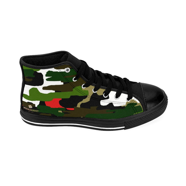 Green Camo Print Men's Sneakers, Green Red Brown White Colorful Mixed Camouflage Army Military Print Designer Men's Shoes, Men's High Top Sneakers US Size 6-14, Mens High Top Casual Shoes, Unique Fashion Tennis Shoes, Camo Print Printed Sneakers Shoes (US Size: 6-14)