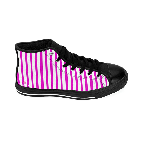 Pink Striped Men's High-top Sneakers, Pink White Modern Stripes Men's High Tops, High Top Striped Sneakers, Striped Casual Men's High Top For Sale, Fashionable Designer Men's Fashion High Top Sneakers, Tennis Running Shoes (US Size: 6-14)