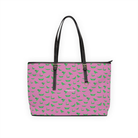 Pink Green Crane Tote Bag, Best Stylish Fashionable Printed PU Leather Shoulder Large Spacious Durable Hand Work Bag 17"x11"/ 16"x10" With Gold-Color Zippers & Buckles & Mobile Phone Slots & Inner Pockets, All Day Large Tote Luxury Best Sleek and Sophisticated Cute Work Shoulder Bag For Women With Outside And Inner Zippers