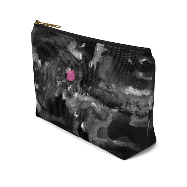 Black Rose Floral Print Designer Accessory Pouch with T-bottom Makeup Bag-Accessory Pouch-Heidi Kimura Art LLC