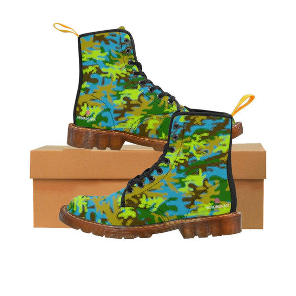 Blue Green Camo Women's Boots, Army Military Print Best Winter Laced Up Canvas Boots For Women (US Size 6.5-11)