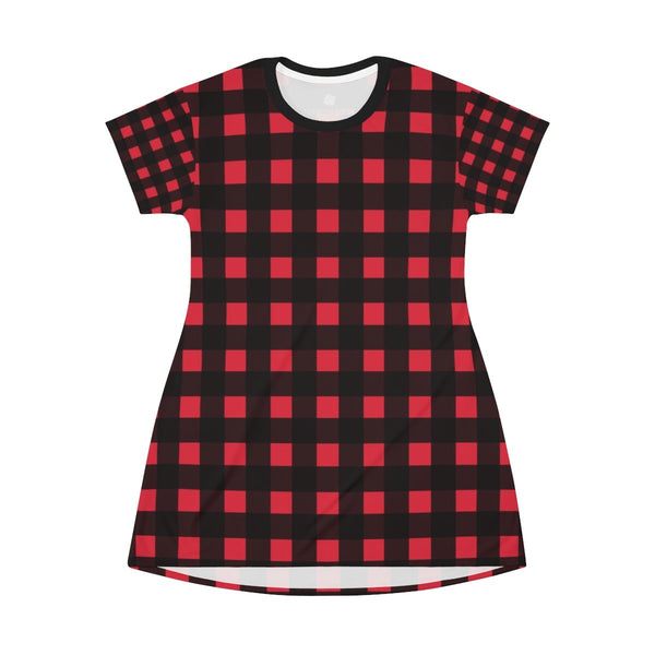Buffalo Red Plaid Print Designer Crew Neck T-shirt Dress-Made in USA-T-Shirt Dress-Heidi Kimura Art LLC