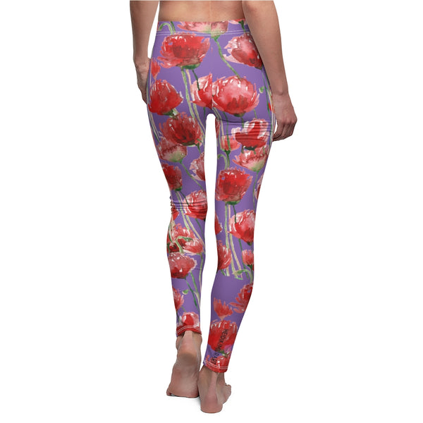 Purple Poppy Floral Casual Tights, Best Women's Floral Casual Leggings