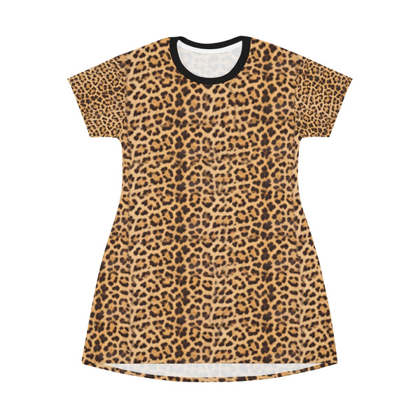 Brown Leopard Print T-Shirt Dress, Modern Leopard Animal Printed Women's Dress-Made in USA-All Over Prints-Printify-Heidi Kimura Art LLC Brown Leopard Print T-Shirt Dress, Leopard Animal Print Crewneck Women's Long T-Shirt Dress- Made in USA (US Size: XS-2XL)
