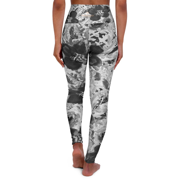 Floral High Waisted Yoga Leggings, Black Grey White Flower Print Women's Tights-All Over Prints-Printify-Heidi Kimura Art LLCFloral High Waisted Yoga Leggings, Black Grey White Flower Print Best Ladies High Waisted Skinny Fit Yoga Leggings With Double Layer Elastic Comfortable Waistband, Premium Quality Best Stretchy Long Yoga Pants For Women-Made in USA