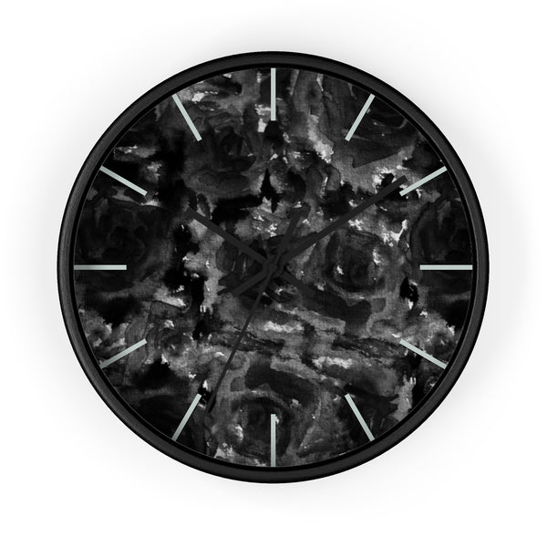 Black Floral Print Wall Clock, Rose 10" Dia. Unique Indoor Abstract Wall Clock - Made in USA-Wall Clock-Black-Black-Heidi Kimura Art LLC