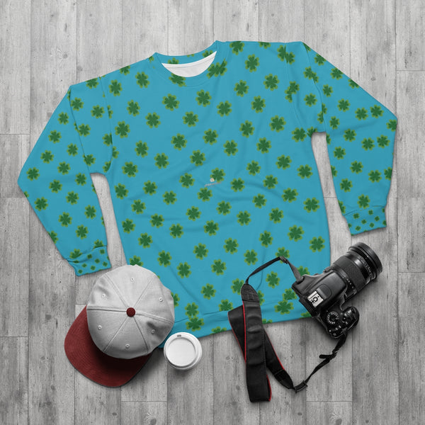 Blue St. Patrick's Day Green Clover Print Cotton Polyester Unisex Sweatshirt- Made in USA-Unisex Sweatshirt-Heidi Kimura Art LLC