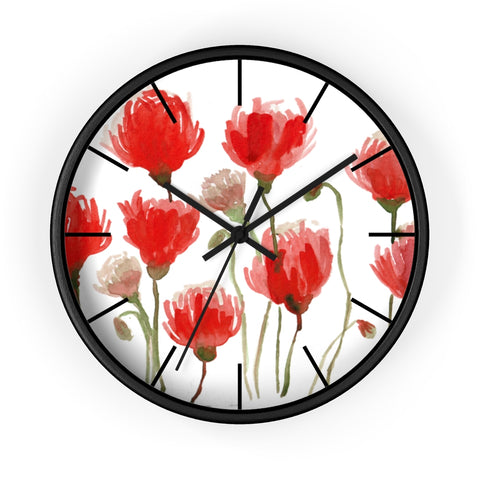 Red Poppy Floral Wall Clock,  Floral 10 inch Diameter Flower Wall Clock-Made in USA, Large Round Wood Girl Children Bedroom Wall Clock