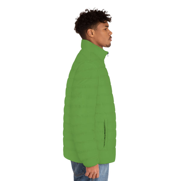 Light Green Color Men's Jacket, Solid Green Color Best Regular Fit Polyester Men's Puffer Jacket With Stand Up Collar (US Size: S-2XL)