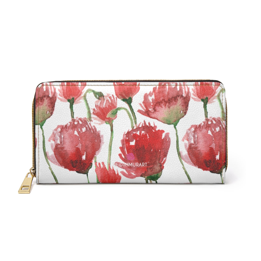 White Red Tulips Zipper Wallet, Colorful Red Tulips Flower Print Best Long Compact Cruelty Free Faux Leather High Quality Cardholders Wallet For Women, One Size 7.9"x4.3"x.98"