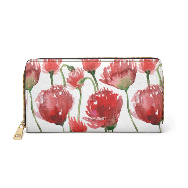 White Red Tulips Zipper Wallet, Colorful Red Tulips Flower Print Best Long Compact Cruelty Free Faux Leather High Quality Cardholders Wallet For Women, One Size 7.9"x4.3"x.98"