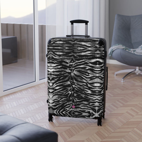 Grey Tiger Striped Print Suitcases, Tiger Striped Animal Print Designer Suitcase Luggage (Small, Medium, Large) Unique Cute Spacious Versatile and Lightweight Carry-On or Checked In Suitcase, Best Personal Superior Designer Adult's Travel Bag Custom Luggage - Gift For Him or Her - Made in USA/ UK