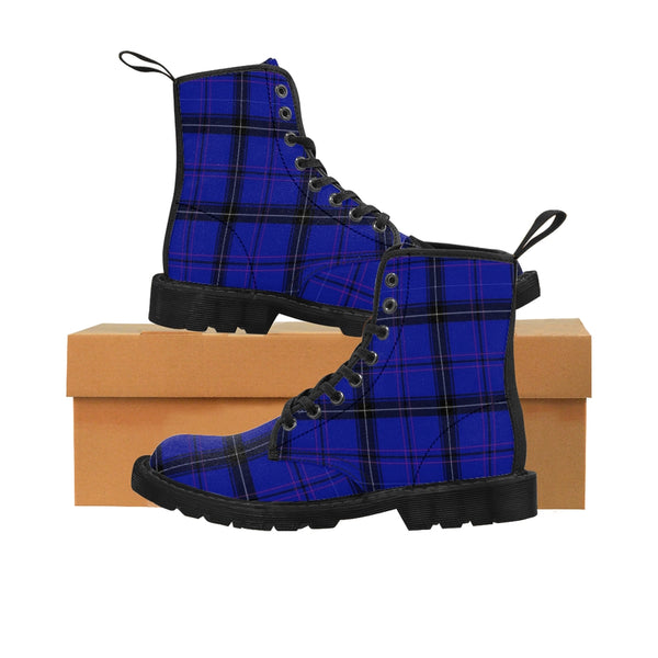 Blue Plaid Print Men's Boots, Preppy Plaid Tartan Print Designer Men's Lace-Up Winter Boots Men's Shoes (US Size: 7-10.5)