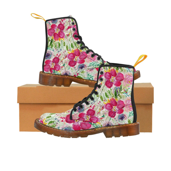 Pink Floral Women's Canvas Boots-Shoes-Printify-Heidi Kimura Art LLC Pink Floral Women's Canvas Boots, Flower Hiking Canvas Mountain Boots, Modern Essential Casual Fashion Hiking Boots, Canvas Hiker's Shoes For Mountain Lovers, Stylish Premium Combat Boots, Designer Women's Winter Lace-up Toe Cap Hiking Boots Shoes For Women (US Size 6.5-11)
