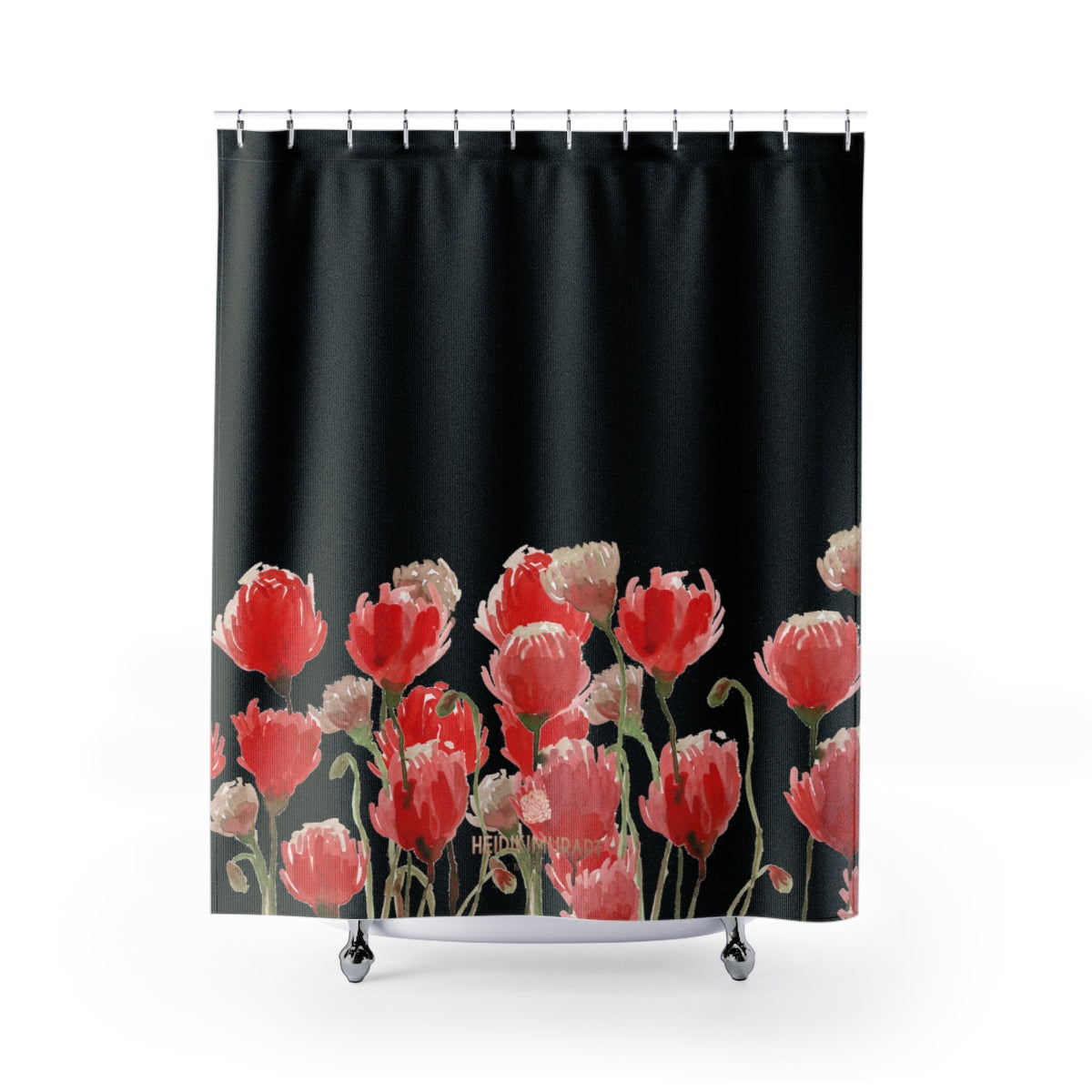Black Red Poppy Flower Floral Print Designer Polyester Shower Curtains- Made in USA-Shower Curtain-71" x 74"-Heidi Kimura Art LLC Black Red Poppy Shower Curtains, Black and Red Poppy Flower Floral Print Designer Polyester Shower Curtains- Printed in USA, Premium Bathroom Shower Curtains Home Decor Large 100% Polyester 71x74 inches  