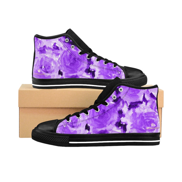 Purple Abstract Men's High-top Sneakers, Rose Floral Print Designer Men's High-top Sneakers Running Tennis Shoes, Floral High Tops, Mens Floral Shoes, Abstract Rose Floral Print Sneakers For Men (US Size: 6-14)