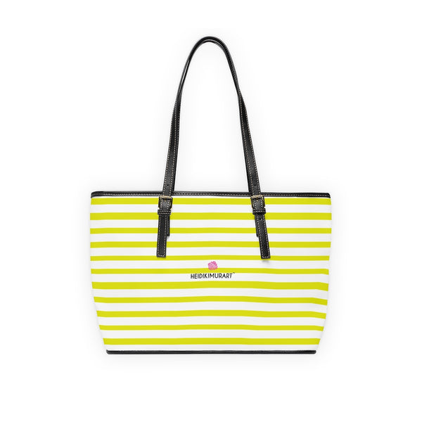 Best Yellow Stripes Tote Bag, Best Stylish Yellow and White Striped PU Leather Shoulder Large Spacious Durable Hand Work Bag 17"x11"/ 16"x10" With Gold-Color Zippers & Buckles & Mobile Phone Slots & Inner Pockets, All Day Large Tote Luxury Best Sleek and Sophisticated Cute Work Shoulder Bag For Women With Outside And Inner Zippers
