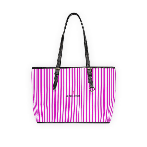 Best Pink Stripes Tote Bag, Best Stylish Hot Pink and White Striped PU Leather Shoulder Large Spacious Durable Hand Work Bag 17"x11"/ 16"x10" With Gold-Color Zippers & Buckles & Mobile Phone Slots & Inner Pockets, All Day Large Tote Luxury Best Sleek and Sophisticated Cute Work Shoulder Bag For Women With Outside And Inner Zippers