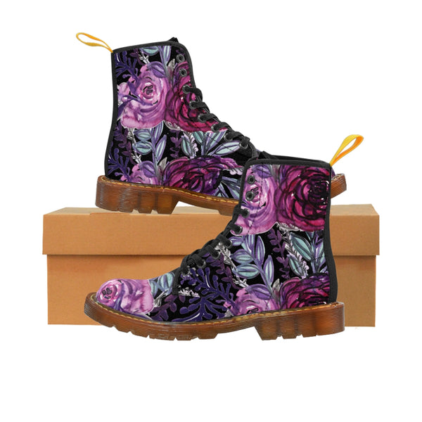 Black Purple Rose Women's Boots, Floral Print Spring Style Winter Combat Lace-up Boots For Ladies