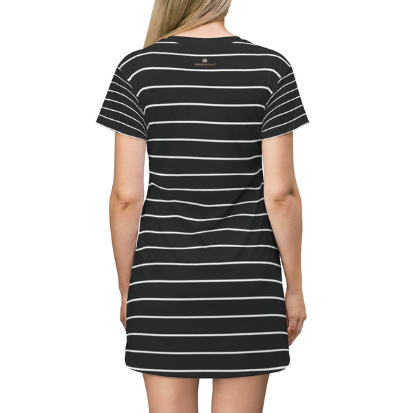 Black Striped T-Shirt Dress, Modern Classic Essential Women's Dress-Made in USA-All Over Prints-Printify-Heidi Kimura Art LLC Black Striped T-Shirt Dress, Modern Classic Essential Best Stripes Print Women's Long T-Shirt Dress- Made in USA (US Size:XS-2XL)