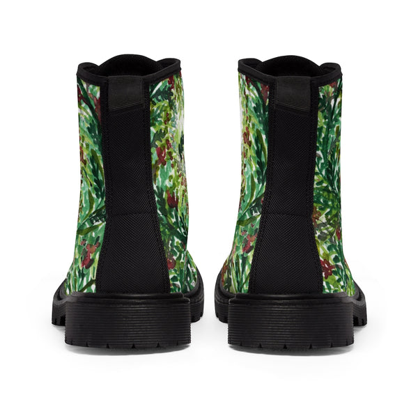 Green Floral Print Women's Boots, Best Flower Printed Winter Cute Print Elegant Feminine Casual Fashion Gifts, Flower Rose Print Shoes, Combat Boots, Designer Women's Winter Lace-up Toe Cap Hiking Boots Shoes For Women (US Size 6.5-11)