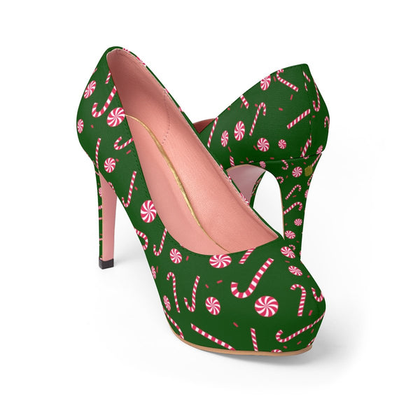 Dark Green Red White Christmas Candy Cane Print Festive Xmas Women's Platform Heels-4 inch Heels-Heidi Kimura Art LLC