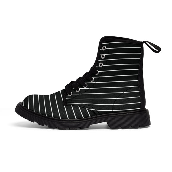 Black Striped Print Men's Boots, Black White Horizontal Stripes Modern Men's Winter Hiking Canvas Boots, Fashionable Anti Heat + Moisture Designer Comfortable Stylish Men's Winter Hiking Boots Shoes For Men (US Size: 7-10.5)