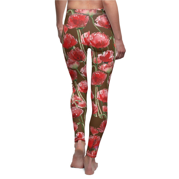 Brown Poppy Floral Casual Tights, Women's Floral Casual Leggings