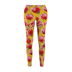 Yellow Poppy Floral Casual Tights, Women's Floral Casual Leggings