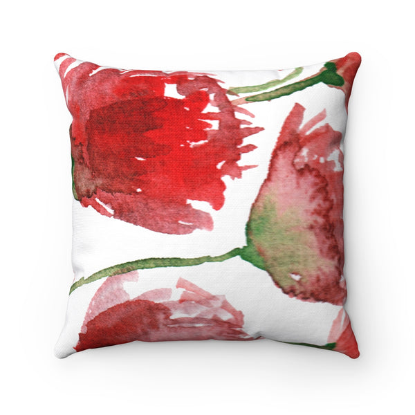 Red Poppy Floral Flower Pattern Spun Polyester Square Pillow Case - Made in USA-Pillow Case Only-Heidi Kimura Art LLC