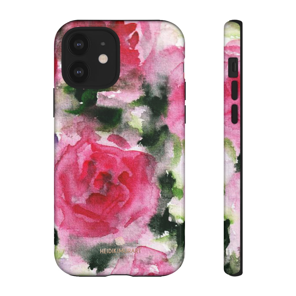Pink Rose Floral Tough Cases, Flower Print Best Designer Phone Case-Made in USA-Phone Case-Printify-iPhone 12-Glossy-Heidi Kimura Art LLC