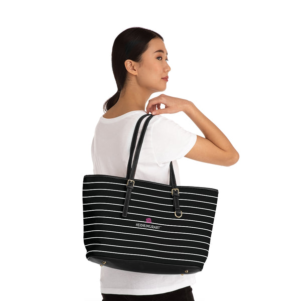 Black Stripes Best Tote Bag, Black and White Striped PU Leather Shoulder Large Spacious Durable Hand Work Bag 17"x11"/ 16"x10" With Gold-Color Zippers & Buckles & Mobile Phone Slots & Inner Pockets, All Day Large Tote Luxury Best Sleek and Sophisticated Cute Work Shoulder Bag For Women With Outside And Inner Zippers