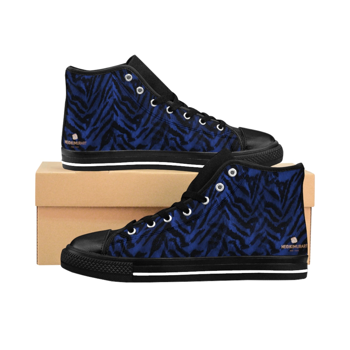 Navy Blue Tiger Stripe Animal Print Premium Quality Men's High-Top Sneakers-Men's High Top Sneakers-Black-US 9-Heidi Kimura Art LLC