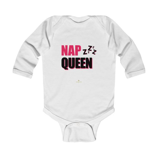 Cute Nap Queen Pink Baby Girls Infant Kids Long Sleeve Bodysuit -Made in USA-Infant Long Sleeve Bodysuit-White-NB-Heidi Kimura Art LLC