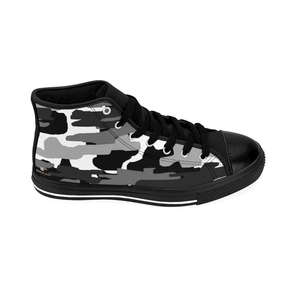 Black Camo Women's Sneakers, Gray Army Print Designer High-top Sneakers Tennis Shoes-Shoes-Printify-Heidi Kimura Art LLCBlack Camo Women's Sneakers, Grey/ Gray Dark Modern Chic Army Military Camouflage Print 5" Calf Height Women's High-Top Sneakers Running Canvas Shoes (US Size: 6-12)