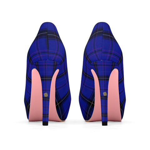 Dark Blue Tartan Scottish Plaid Print Women's Platform Heels Pumps (US Size: 5-11)-4 inch Heels-Heidi Kimura Art LLC