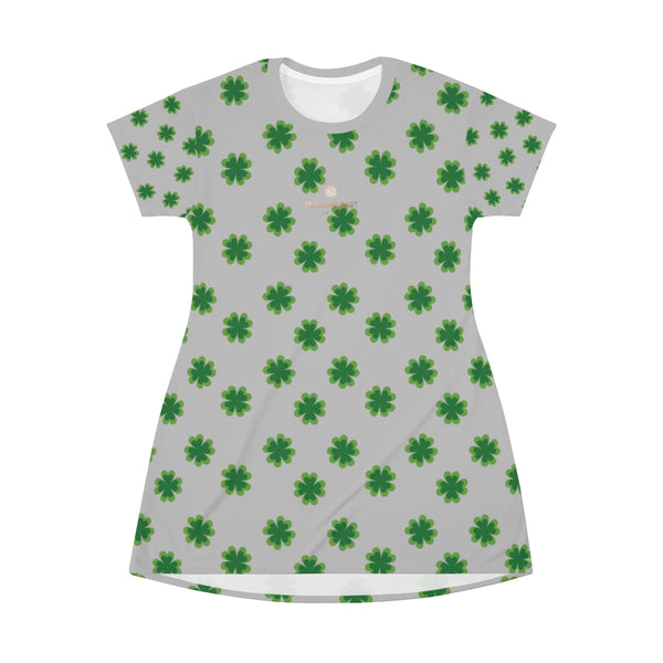 Light Gray Green Clover Print St. Patrick's Day Women's Long T-Shirt Dress- Made in USA-T-Shirt Dress-Heidi Kimura Art LLC