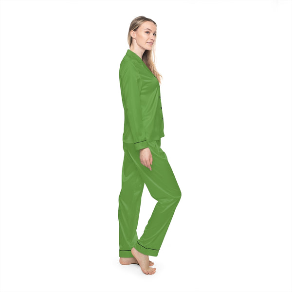 Light Green Women's Satin Pajamas, Luxury Premium Solid Color Loungewear For Women