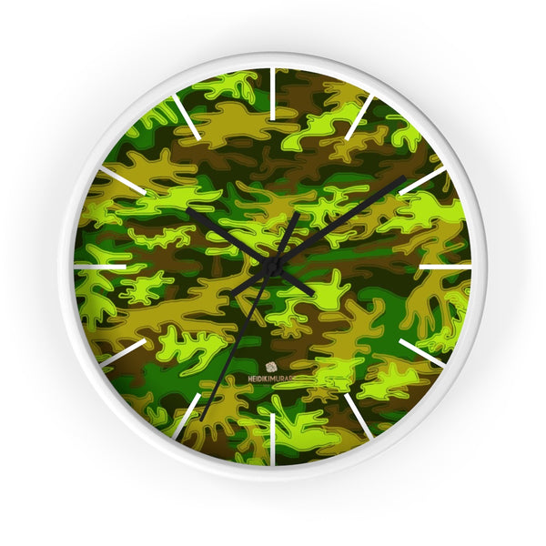 Bright Green Camo Camouflage Military Army Print Large Unique Wall Clocks- Made in USA-Wall Clock-10 in-White-Black-Heidi Kimura Art LLC