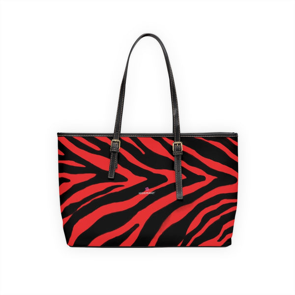 Red Zebra Tote Bag, Zebra Striped Red and Black Animal Print PU Leather Shoulder Large Spacious Durable Hand Work Bag 17"x11"/ 16"x10" With Gold-Color Zippers & Buckles & Mobile Phone Slots & Inner Pockets, All Day Large Tote Luxury Best Sleek and Sophisticated Cute Work Shoulder Bag For Women With Outside And Inner Zippers