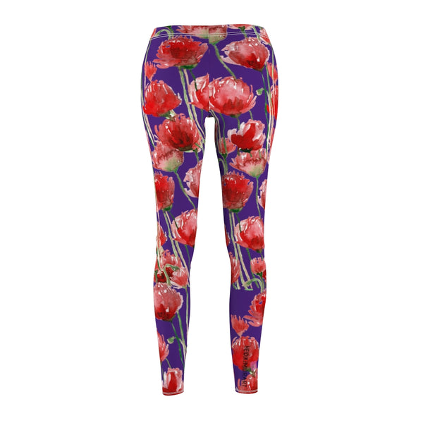 Purple Poppy Floral Casual Tights, Women's Floral Casual Leggings