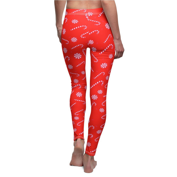 Bright Red and White Candy Cane Women's Christmas Print Holiday Casual Leggings-Casual Leggings-Heidi Kimura Art LLC
