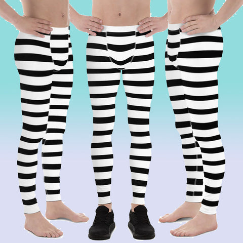 Black Striped Meggings, Black White Stripe Horizontal Print Modern Fashionable Men's Running Workout Gym Circus Carnival Festival Leggings & Run Tights Meggings Activewear- Made in USA/ Europe (US Size: XS-3XL)