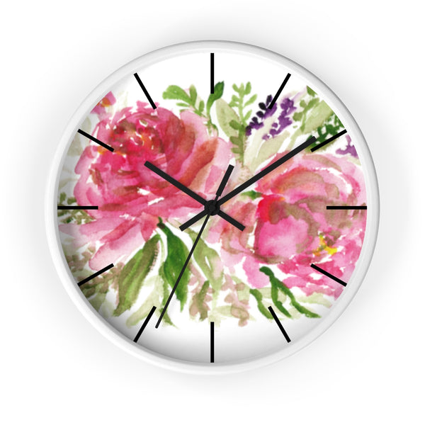 Pink Spring Rose Floral Print Flower 10 inch Diameter Flower Wall Clock - Made in USA-Wall Clock-White-Black-Heidi Kimura Art LLC