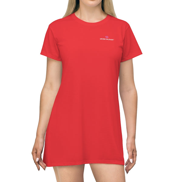 Solid Red T-Shirt Dress, Solid Red Color Oversized Best Modern Minimalist Print Crewneck Women's Long T-Shirt Dress For Women - Made in USA (US Size: XS-2XL)