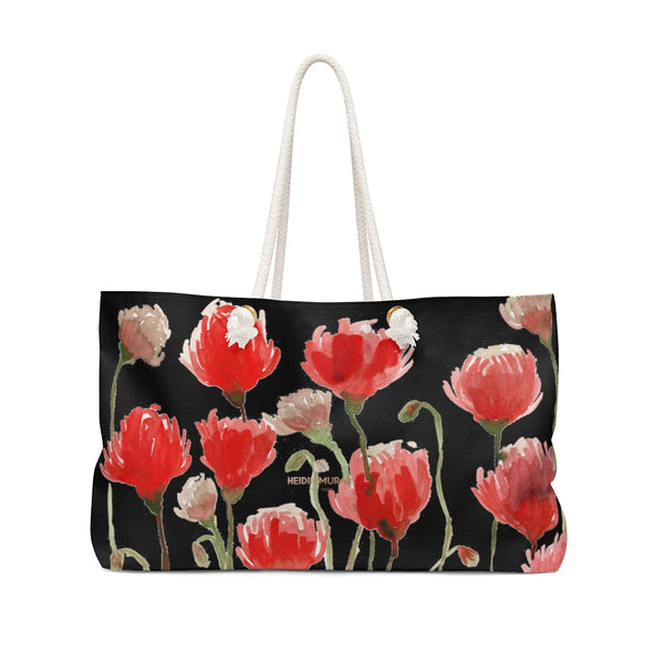 Black Red Poppy Flowers Floral Print Oversized Designer 24"x13" Large Weekender Bag-Weekender Bag-24x13-Heidi Kimura Art LLC