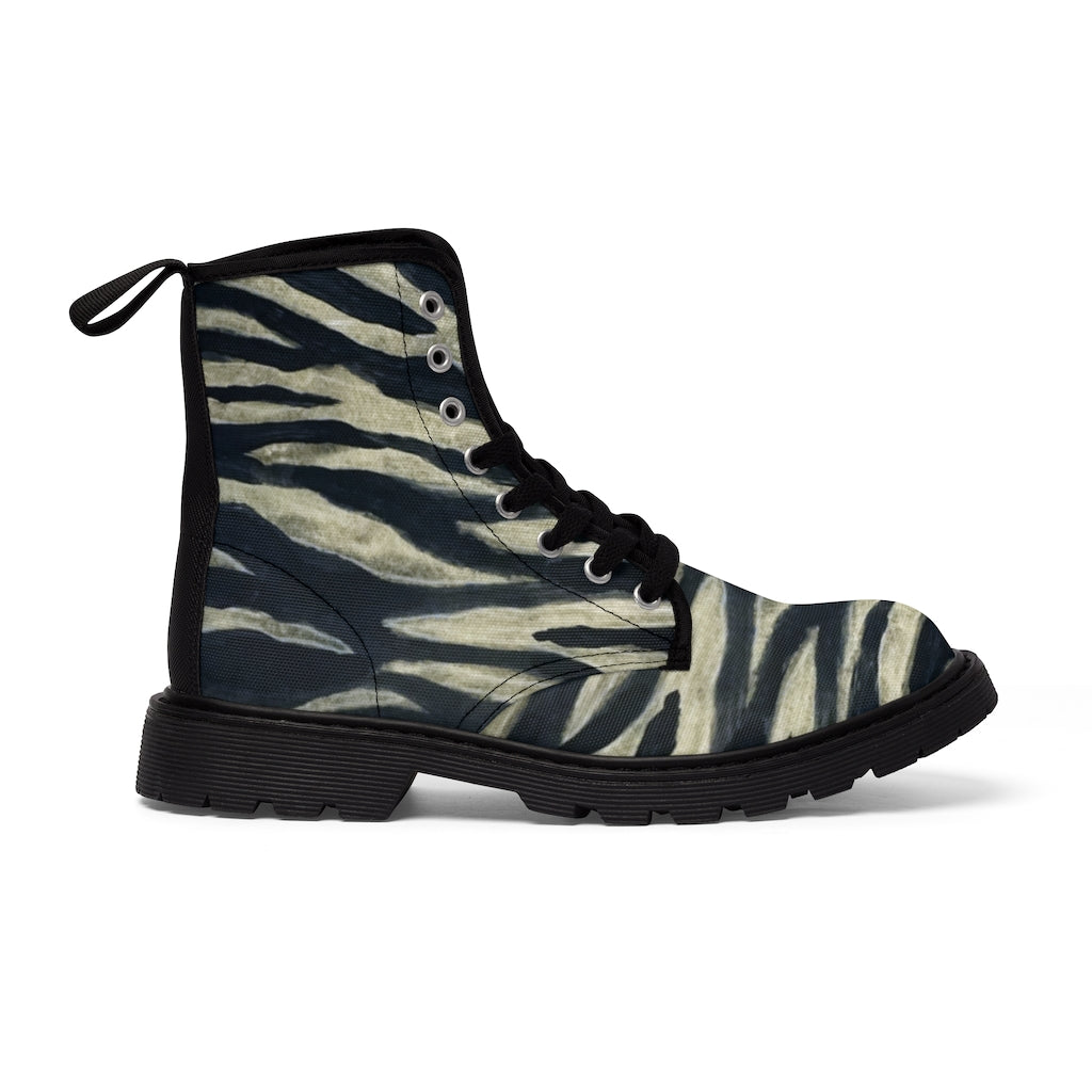Tiger Striped Men Hiker Boots, Designer Animal Print Men's Canvas Hiking Laced-up Boots Combat Work Hunting Boots, Anti Heat + Moisture Designer Men's Winter Boots Hiking Shoes (US Size: 7-10.5)