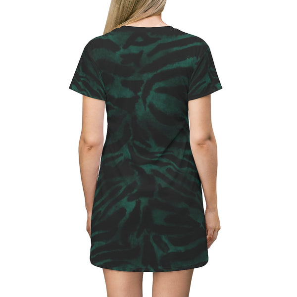 Green Tiger Print T-Shirt Dress, Tiger Stripes Animal Print Best Designer Crew Neck Women's Long Tee T-shirt Dress-Made in USA (US Size: XS-2XL)