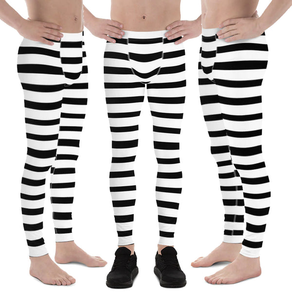 Black Striped Meggings, Black White Stripe Horizontal Print Modern Fashionable Men's Running Workout Gym Circus Carnival Festival Leggings & Run Tights Meggings Activewear- Made in USA/ Europe (US Size: XS-3XL)