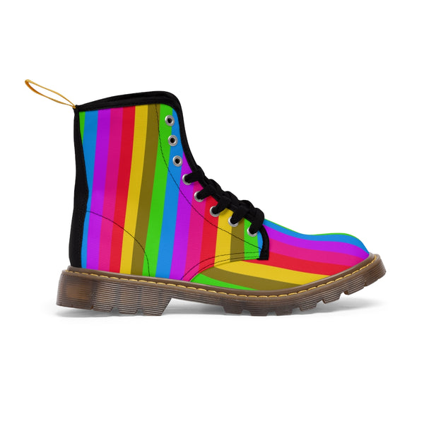 Rainbow Striped Print Women's Boots, Best Gay Pride Stripes Print Elegant Feminine Casual Fashion Gifts, Combat Boots, Designer Women's Winter Lace-up Toe Cap Hiking Boots Shoes For Women (US Size 6.5-11) 